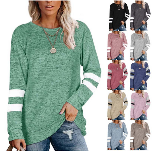 Ladies Long Sleeve Contrast Patchwork V-Neck Loose Casual T-Shirt Top