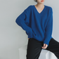 Ladies Loose V-Neck Solid Color Simple Knit Sweater