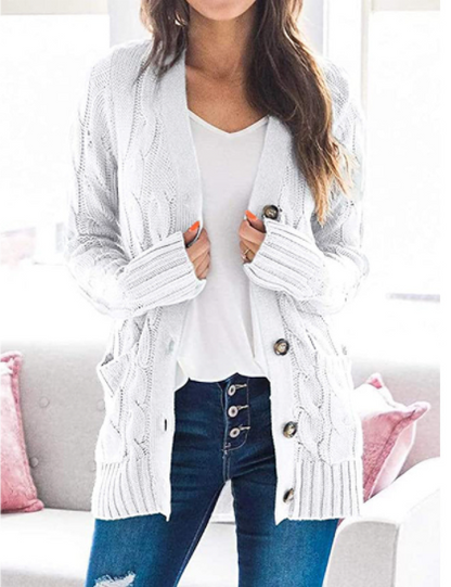 Women's Long Sleeve Cable Knit Sweater Open Front Cardigan Button Down Outerwear