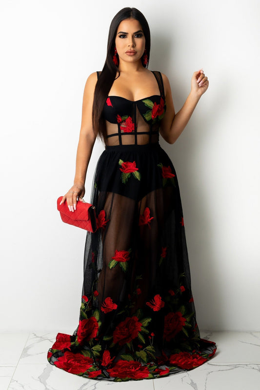 🔥2023 New Hot Sale 50 % Off🔥Embroidered Red Rose See Through Prom Maxi Dresses